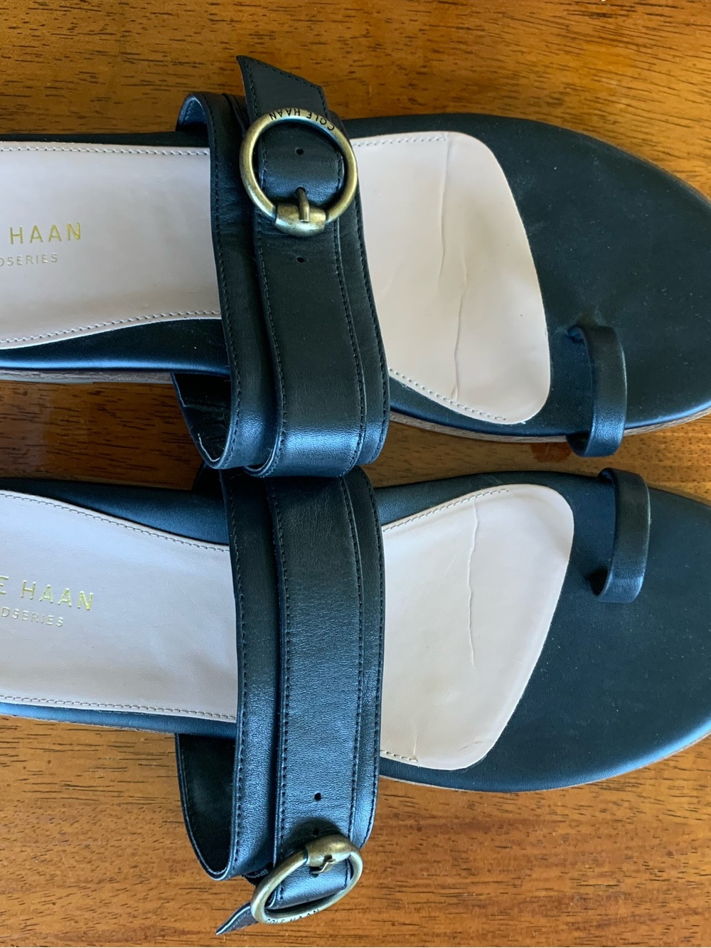Cole Haan Black Leather Buckle Toe-Loop Sandals
